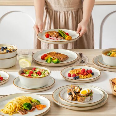 Набір посуду на 6 осіб Vancasso RENO 24 шт. з каменю, сучасний сервіз: тарілки для їжі, супу, десерту, миски. Підходить для миття в посудомийній машині та використання в мікрохвильовій печі. (Бежевий, 36 шт.)