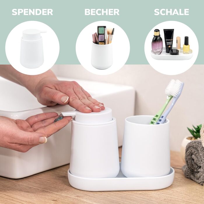 Набір аксесуарів для ванної кімнати Eluno TESERO, 3 шт. (дозатор мила, стакан, миска), пластик, білий