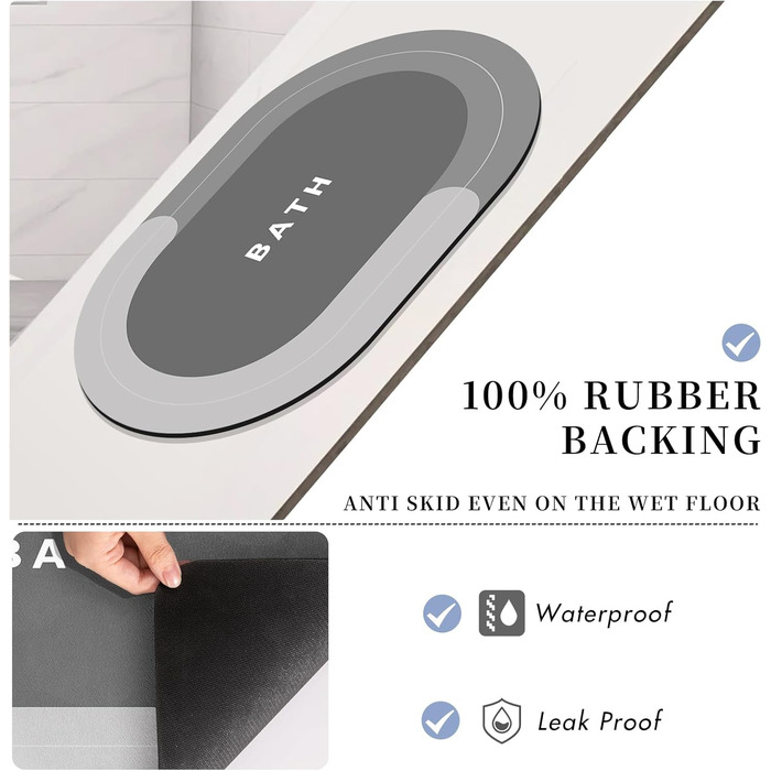 Килимок для ванної кімнати, гумовий, швидковисихаючий, неслизький, 40 x 60 см (Світло-сірий)