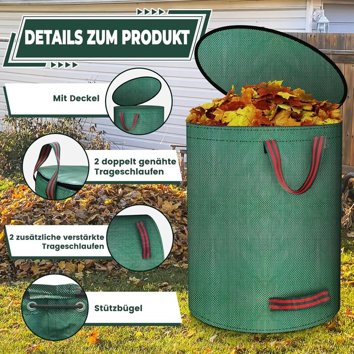 BuzzoXerex 3x Garden Waste Sack with Lid, 272L Stand-Alone Garden Sack with 4 Tear-Resistant Handles, Waterproof, Foldable, Reusable Leaves Sack Large for Garden Waste and Green Waste
