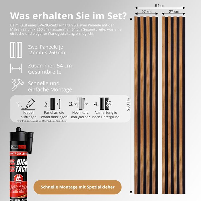 Акустичні панелі SPAZIO (набір 2 шт.) 260x54 см, колір Світлий горіх — стінова облицювання з акустичного фетру