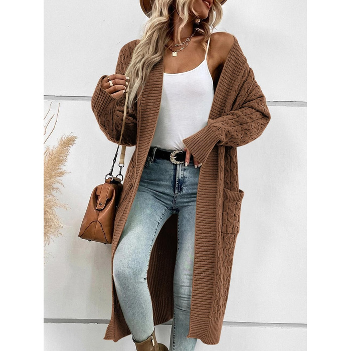 Жіночий в'язаний кардиган Saodimallsu Strickjacke: довгий, об'ємний, з кишенями, світло-зелений (колір: коричневий, розмір: S)