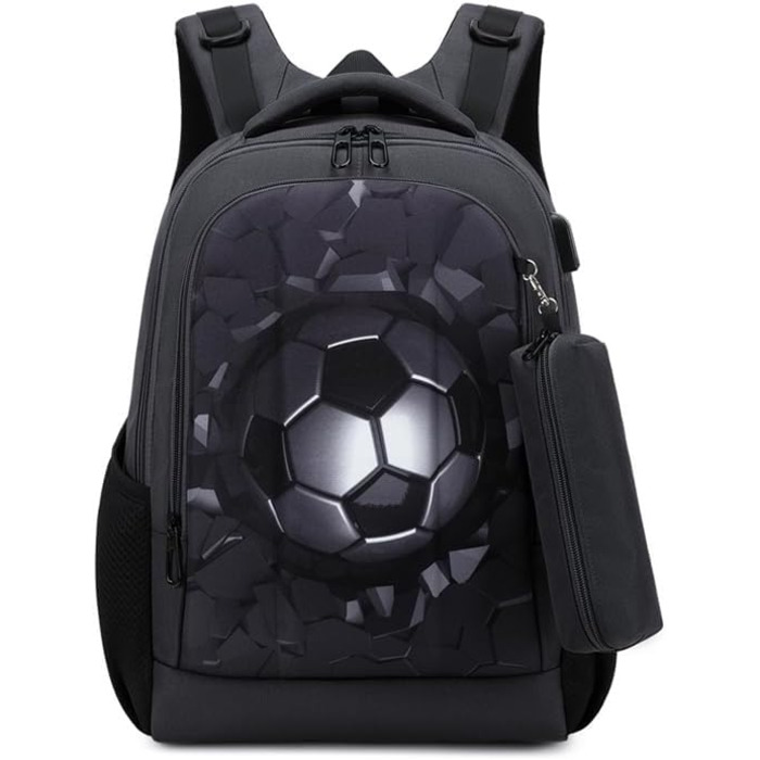 Дитячий рюкзак Cusangel для дівчаток та хлопчиків, ергономічний, регульований, водостійкий, з нагрудним ременем (футбольний, чорний)