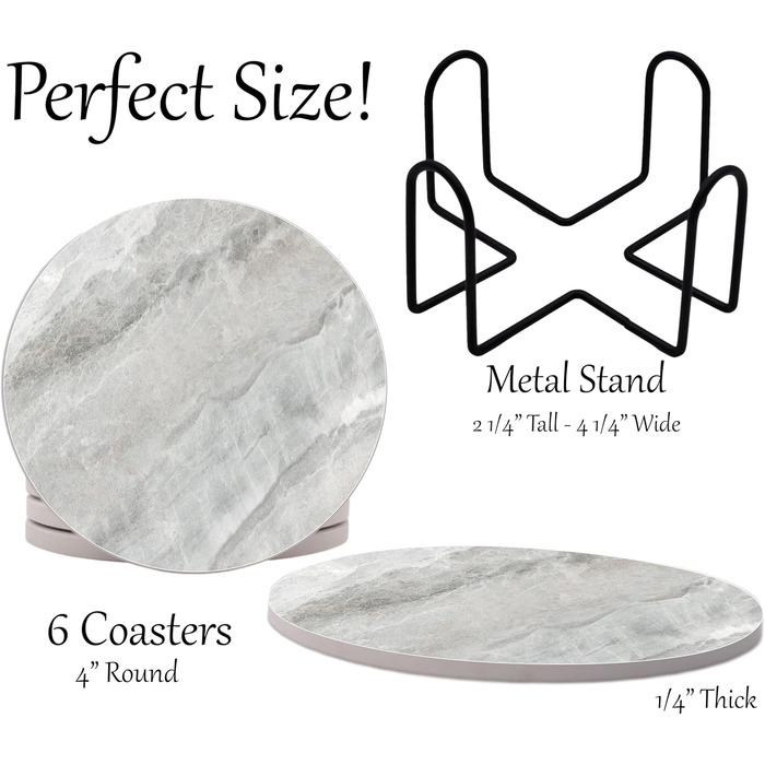 Aqua Blue Teal Marble Coasters Set of 6 - Absorbent Ceramic Coasters with Metal Stand for Drinks, Coffee, Non-Slip Cork Back for Table Protection, 10.2 cm Marble Pattern (Blue-Green) (Gray)