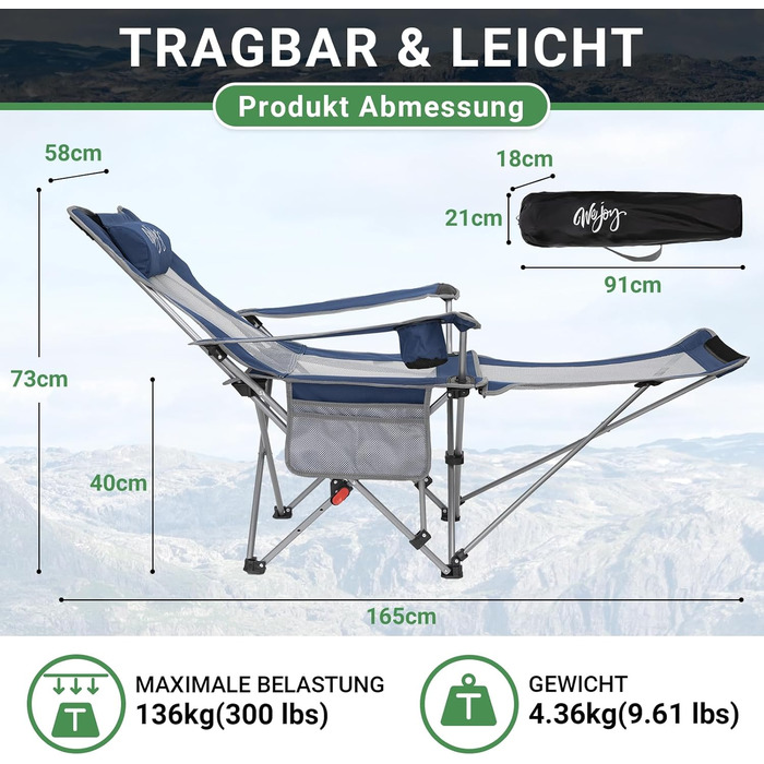 Кемпінговий стілець-шезлонг Wejoy 2-в-1, розкладний, з регульованою спинкою та підставкою для ніг, підсклянником, для відпочинку на пляжі, риболовлі, кемпінгу (Navy/Grey)