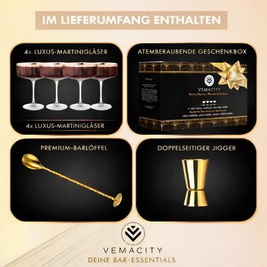 Набір з 4 елегантних келихів для Еспресо Мартіні Vemacity | Ручна робота | Келихи для шампанського, Маргарити та коктейлів | Преміум якість