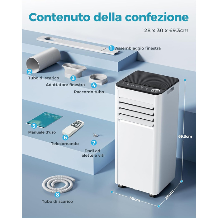 Мобільний кондиціонер 9000 BTU з випускним шлангом | 4-в-1 | Тиха робота <48 дБ | Цифровий дисплей + пульт дистанційного керування | Комплект для встановлення у вікно | Таймер 24 години | Для приміщень до 25 м²