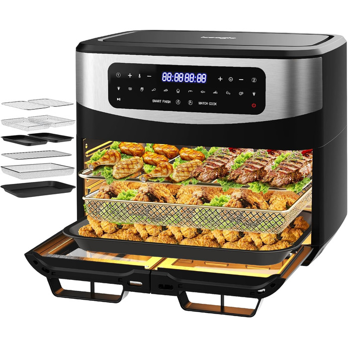 Фритюрниця повітряна подвійна 12л з подвійними камерами, LED-дисплеєм та вікном, 10 програм, функція сушки, 2600W