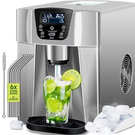 Машина для приготування льоду KESSER® з нержавіючої сталі, 100W, 12 кг/24 год, 2 розміри кубиків, 2 л бак, таймер, LCD-дисплей, з аксесуарами (сріблястий)