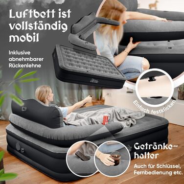 Надувне ліжко 3-в-1 | Гостьове та кемпінгове ліжко | Надувна матрац з електропомпою 150x200 | Самостійно надувна ліжко (2 особи, Чорний/Антрацит)