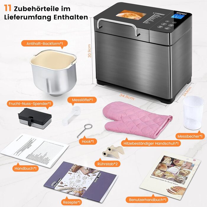 KEEPEEZ Преміум Хлібопекарня 710W з керамічною формою, 17 програм, дозатор горіхів, сенсорне скло, чорний