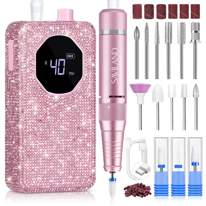 SAVILAND Професійний фрезер для нігтів Advanced 30S: електрична машинка для манікюру з 40000 обертів/хв, акумулятор 4000 mAh, 40 шт. насадок, для товстих акрилових нігтів (рожевий, діамантовий)