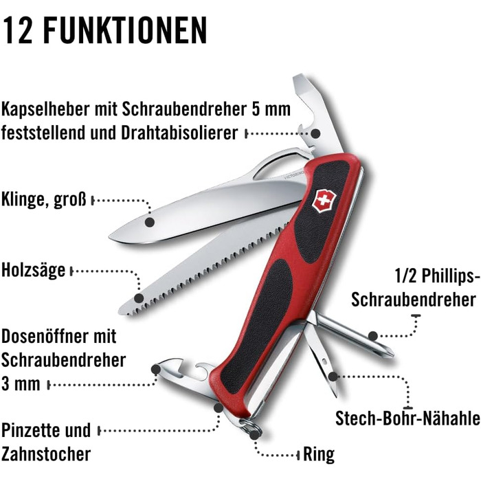 Швейцарський ніж Victorinox Ranger 78 M: мультитул з 12 функціями, фіксатор леза, відкривачка для пляшок, червоно-чорний