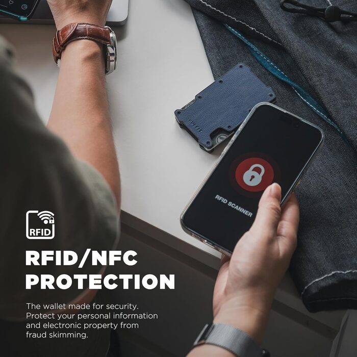 VULKIT: Елегантне металеве картхолдер з відділенням для грошей та AirTag, RFID-захист, для чоловіків (Navy Lite-litchi)