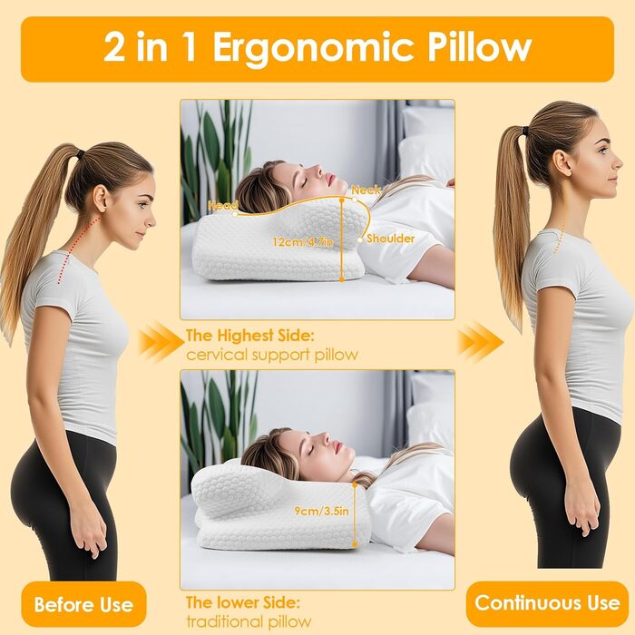 Ортопедична подушка Gaethra з Memory Foam для шиї, регульована висота, 63 x 34 x 9/12 см, білий