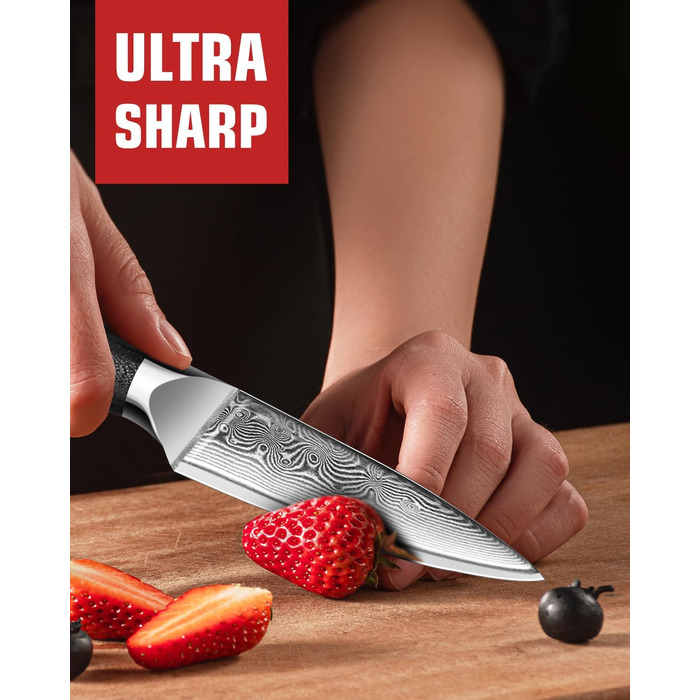 Набір кухонних ножів MOSFiATA Damast - 5 предметів з VG10 сталі. Включає: ніж кухарський, сантаку, для хліба, універсальний та для фруктів. Преміум якість, подарункова коробка.