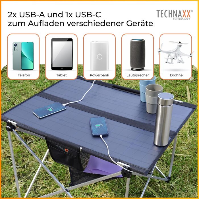 Сонячний кемпінговий стіл Technaxx TX-252 60W з USB зарядкою та сонячною панеллю