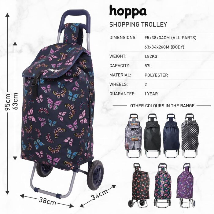 Hoppa 57L Shopping Trolley Large Shopping Roller Waterproof Shopping Cart Wagon (Black Flamingos) (Navy Blue Butterflies)