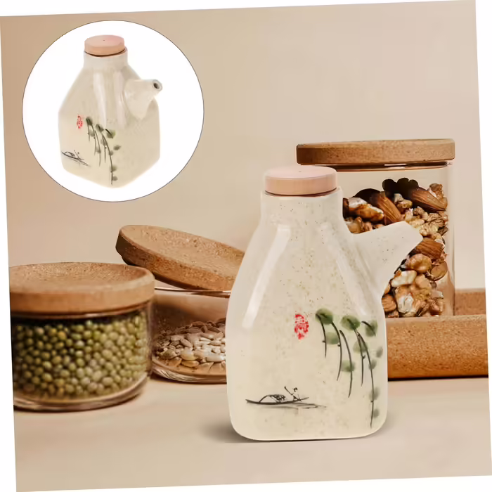 3-Piece Ceramic Vinegar Dispenser for the Kitchen - Spice Container, Sauce, Vinegar, Oil Pot. Olive Oil Dispenser with Lid Design for Easy Cleaning and Durable Use.