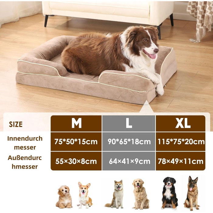 Зручне ортопедичне ліжко для собак середніх порід, хакі, 75x50x15 см. Легко миється, з неслизьким дном