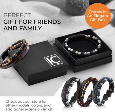 Чоловічий шкіряний браслет з тигровим оком та лавовим каменем | Ручна робота, гравірування, регульований магнітний замок | Чорно-коричнево-синьо-срібний, з подарунковою коробкою