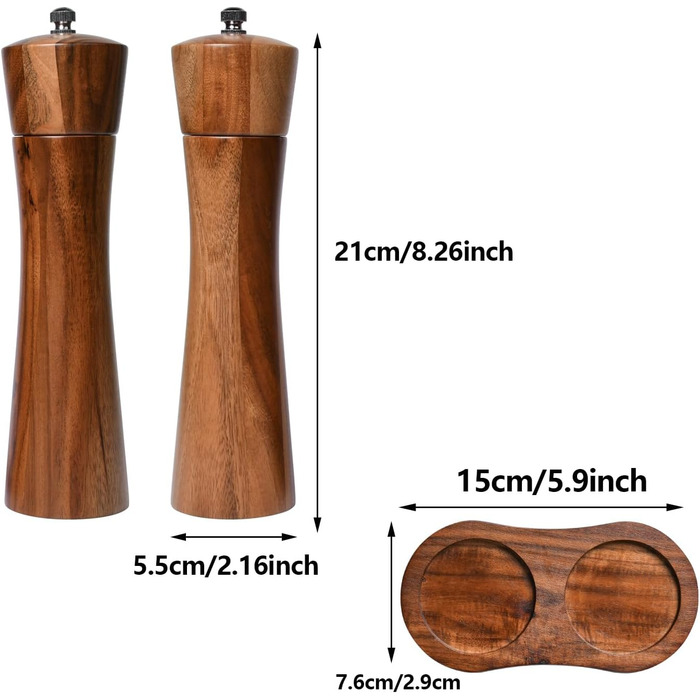 Set of 2 pepper mills made of good wood, salt and pepper mill set, 21 cm length, allows adjustment of the pepper grind, spice grinder with stainless steel core.