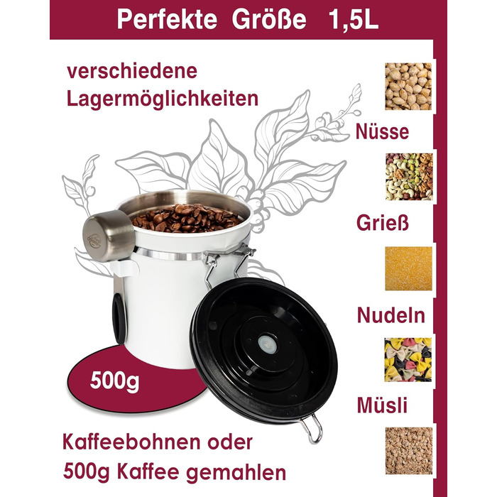 Контейнер для кави 500г з нержавіючої сталі з дозатором та календарем, 1,5л, стильна упаковка