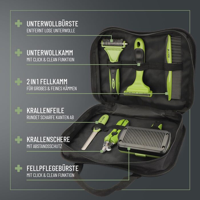 Набір для догляду за шерстю ReaVET для собак та котів (6 предметів) | Щітка для шерсті, знімач ковтунів, щітка для підшерстка, гребінець від бліх, ножиці для стрижки нігтів, сумка для аксесуарів