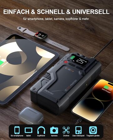 Powerbank для автомобіля Starthilfe з компресором 150PSI, 6000A, 12V, для бензинових та дизельних авто (до 10л), QC3.0, LCD, ліхтарик