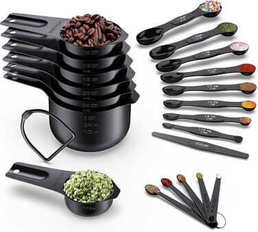 Wildone 21 black measuring cups and spoons, including 7 stainless steel measuring cups, 8 double-sided measuring spoons, 1 leveler, and 5 mini spoons.