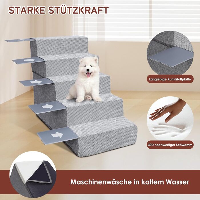 Dog stairs for small dogs, dog stairs, non-slip dog stairs with 5 steps, dog ramp bed washable, pet stairs made of high-density sponge, for injured & older dogs, cats