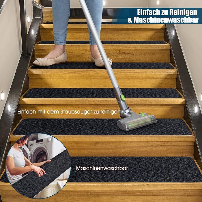 COSTWAY 15-Piece Stair Treads - Non-Slip, Waterproof, Self-Adhesive Carpet for Wood Stairs - Grey (76x20cm)
