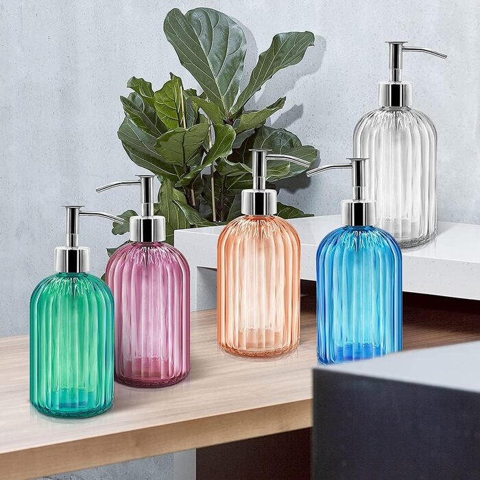 Набір з 2 скляних дозатори для мила з помпою, 400 мл, для мила, шампуню, лосьйону, багаторазові, для кухні, ванної, пральні (бурштиновий)