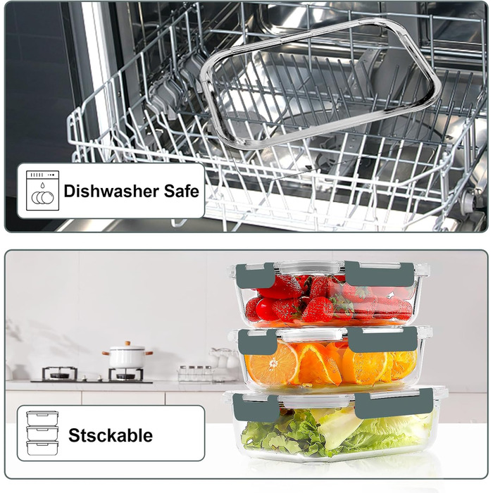 VERONES 10-Piece Glass Crisper Set, Airtight Glass Lunch Containers, Stackable Glass Food Storage Containers Set with Lid, Freezer and Dishwasher Safe, Grey