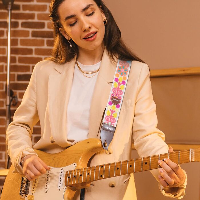 Гітарний ремінь 5,1 см з бавовни з шкіряними кінцями для бас, електро- та акустичних гітар (Квіткова візерунок 01)