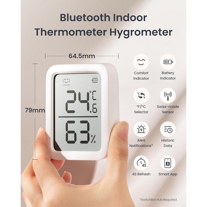 SwitchBot Indoor Thermometer Hygrometer 3-Pack, Indoor Temperature and Humidity Sensor with Smart Alert and 68-Day Data Storage, Bluetooth Room Thermometer for Baby, Home, Garage