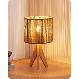 LED настільна лампа EDISHINE з абажуром з ручної роботи та дерев'яною ніжкою, 2700K, тепле біле світло, бохо стиль, для спальні, вітальні, готелю, з лампочкою E27 4W, в'язаний паперовий шнур