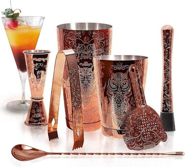 Sky Fish Cocktail Shaker Set, Etched Copper Cocktail Shaker Kit in Gift Box 7-Piece Set, Hand Wash, (Copper)