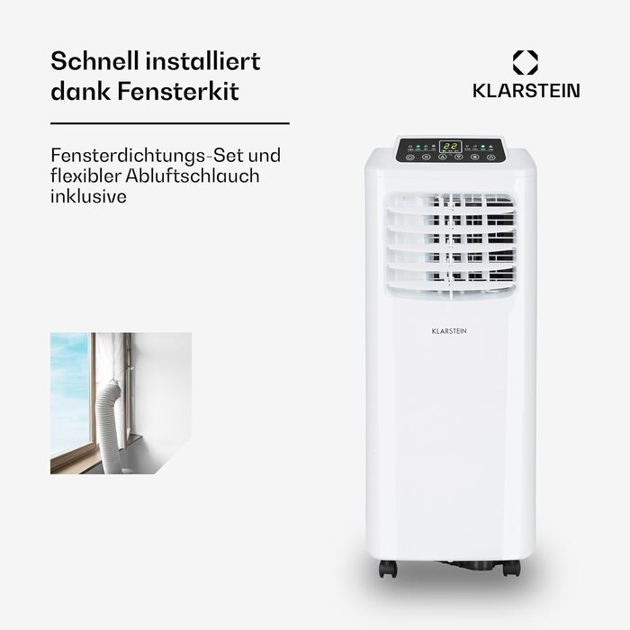 Мобільний кондиціонер Klarstein з випускним шлангом, 3-в-1: кондиціонер, вентилятор та осушувач повітря, компактний та портативний для дому та офісу, нічний режим, 7000 BTU, низьке енергоспоживання, білий