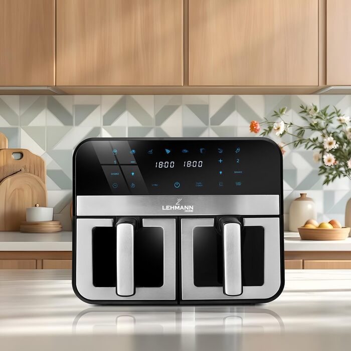 Фритюрниця повітряна LEHMANN з 2 камерами, 9л, 2400 Вт, AirFryer XXL з 12 програмами, до 200°C, WiFi, без олії, з технологією Air Fry – гриль, випічка, ферментація, дегідратація