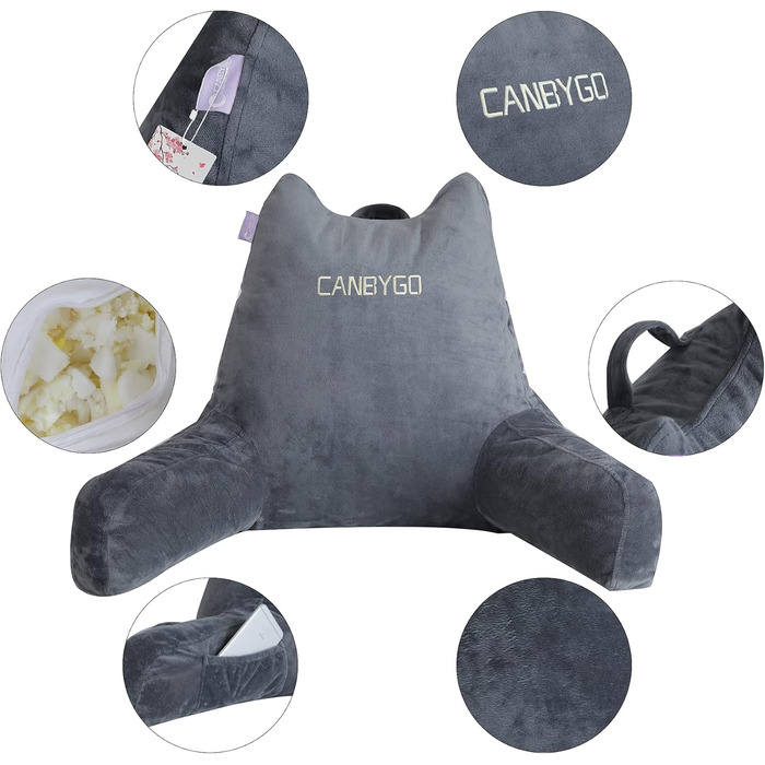 Підкушетник Lesekissen з підлокітниками, Memory Foam, для читання, роботи та ігор, знімний чохол (сірий)