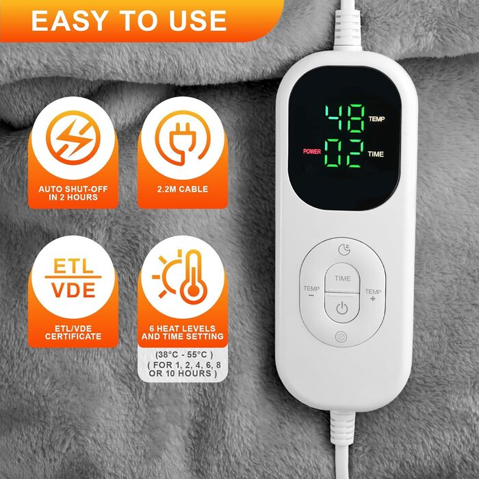 Електрична ковдра Aischens з фланелі, бавовни та шерпи, 130x180 см, двошарова, швидкий нагрів 30S, захист від мікроорганізмів, режим сну, 6 температурних режимів, таймер 1-10 годин, захист від перегріву, сірий колір