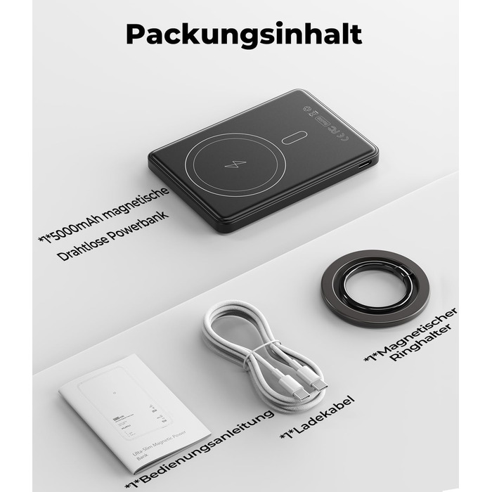 Power Bank KU XIU Magsafe 5000mAh: Тонкий, з підтримкою MagSafe, PD 20W, з кільцем-тримачем, чорний