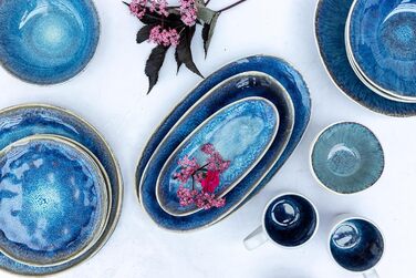 MÄSER Frozen Series Set of 3 Serving Plates, Ceramic Serving Dishes in 3 Sizes, Modern Vintage Look, Colorfully Speckled Glaze, Stoneware, Blue Small