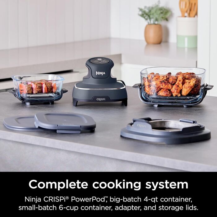 Ninja Crispi – портативна кухонна система з Crispi PowerPod, 6 чашок та 4 скляних чашок TempWare, термостійкі, кришка для зберігання, придатні для мікрохвильової печі, сірий колір