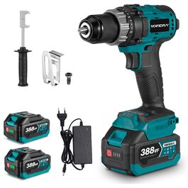 Yofidra Акумуляторний шуруповерт 21V, 13 мм, 2 швидкості, комплект з 2 акумуляторами 3.0Ah, 25+3 рівня моменту, 80 Нм, LED-підсвічування, для дому та саду, DIY