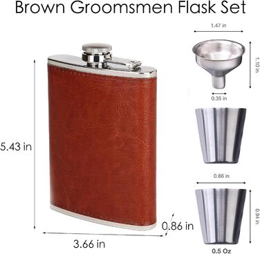 Фляга шкіряна 8oz Braun для чоловіків та жінок, комплект з воронкою та 2 склянками, шкіряний чохол, для віскі/водки, ідеально для подорожей та подарунків