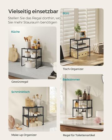 SONGMICS Spice Rack, 4-Piece Set, Kitchen Shelf, Kitchen Organizer, Expandable, Spice Holder, Stackable, with Metal Frame, 19.5 x 29.7 x 15.8 cm, Ink Black + Natural Beige KCS10NB (Ink Black + Ebony Black, 29.7B cm)