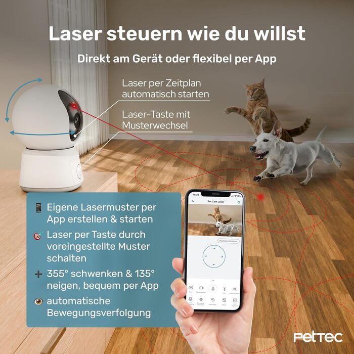 PetTec камера для тварин Buddy з автокормушкою 8L для котів та собак – автоматичний диспенсер з Wi-Fi та керуванням через додаток, 2-сторонній аудіо, розпізнавання гавкіту та нічне бачення (лазерна камера)
