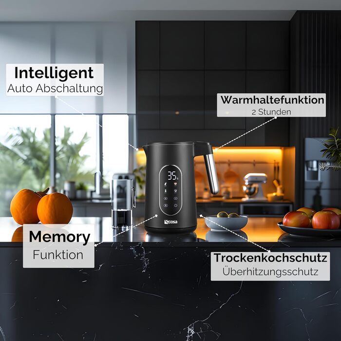 Електричний чайник-заварник зі сталі з регулюванням температури 40-100°C, 1.7 л, 2200 Вт, без BPA, з підігрівом та LED дисплеєм (чорний)